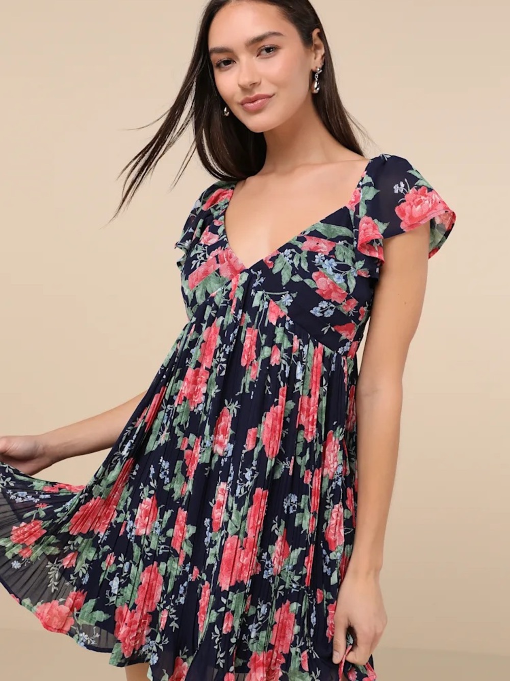 Lulu's Navy Floral V-Neck Pleated Mini Dress with Pink Roses